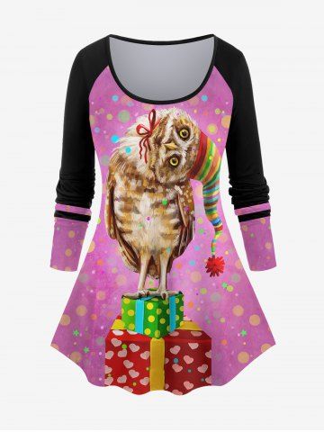 Plus Size Colorful Striped Christmas Hat Owl Gift Box Polka Dot Print Raglan Sleeves Ombre T-shirt - LIGHT PINK - XS