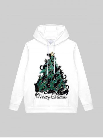Gothic Christmas Tree Cats Star Light Print Pockets Fleece Lining Drawstring Hoodie For Men - WHITE - M