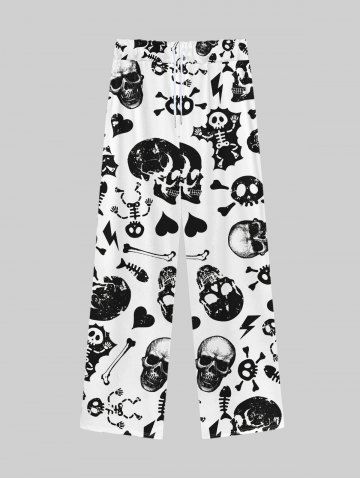 Gothic Skulls Skeleton Fish Bone Print Wide Leg Drawstring Sweatpants For Men - WHITE - L