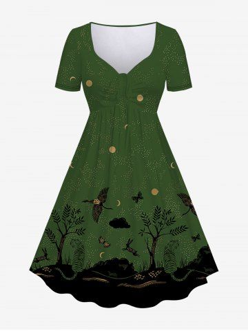 Plus Size Moon Star Cloud Tiger Butterfly Crane Rabbit Tree River Print Cinched A Line Dress