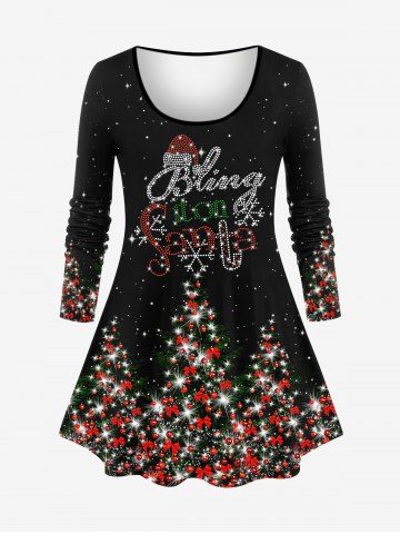 T-shirt Brillant 3D Boule Bonhomme de Neige et Sapin de Noël Imprimés Grande Taille à Paillettes - BLACK - S