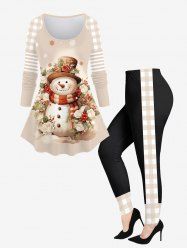 Christmas Snowman Snowflake Rose Flowers Striped Checkered Plaid Colorblock Printed T-shirt and Leggings Plus Size Matching Set -  