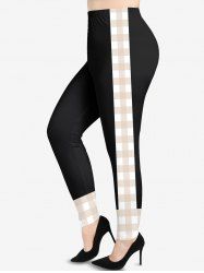 Legging à Carreaux Imprimé en Blocs de Couleurs de Grande Taille - Noir 4X