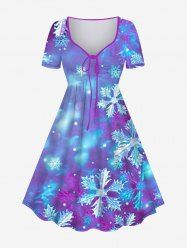 Plus Size Snowflake Tie Dye Ombre Print Cinched Christmas A Line Dress -  