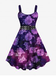 Plus Size Flowers Leaf Galaxy Glitter Sparkling Sequin Grommets Buckle Belt 3D Print Tank Party Dress -  