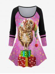 Plus Size Colorful Striped Christmas Hat Owl Gift Box Polka Dot Print Raglan Sleeves Ombre T-shirt -  