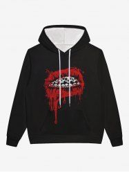 Gothic Skulls Teeth Blood Mouth Print Pockets Drawstring Hoodie For Men -  