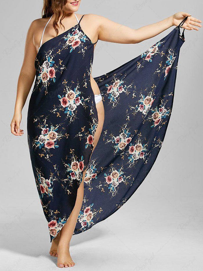 Robe Couverture de Plage Rose Feuille Fleur Imprimées de Grande Taille Bleu profond 5x | US 30-32