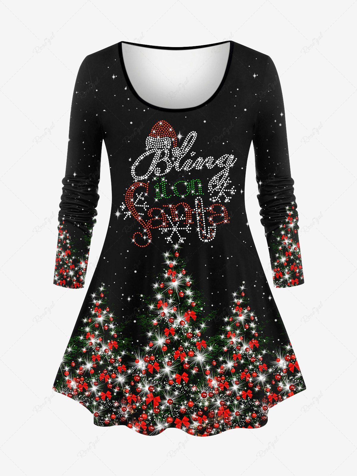 Fancy Plus Size Christmas Tree Ball Bowknot Snowflake Star Glitter Sparkling Sequin 3D Print Long Sleeve T-shirt  