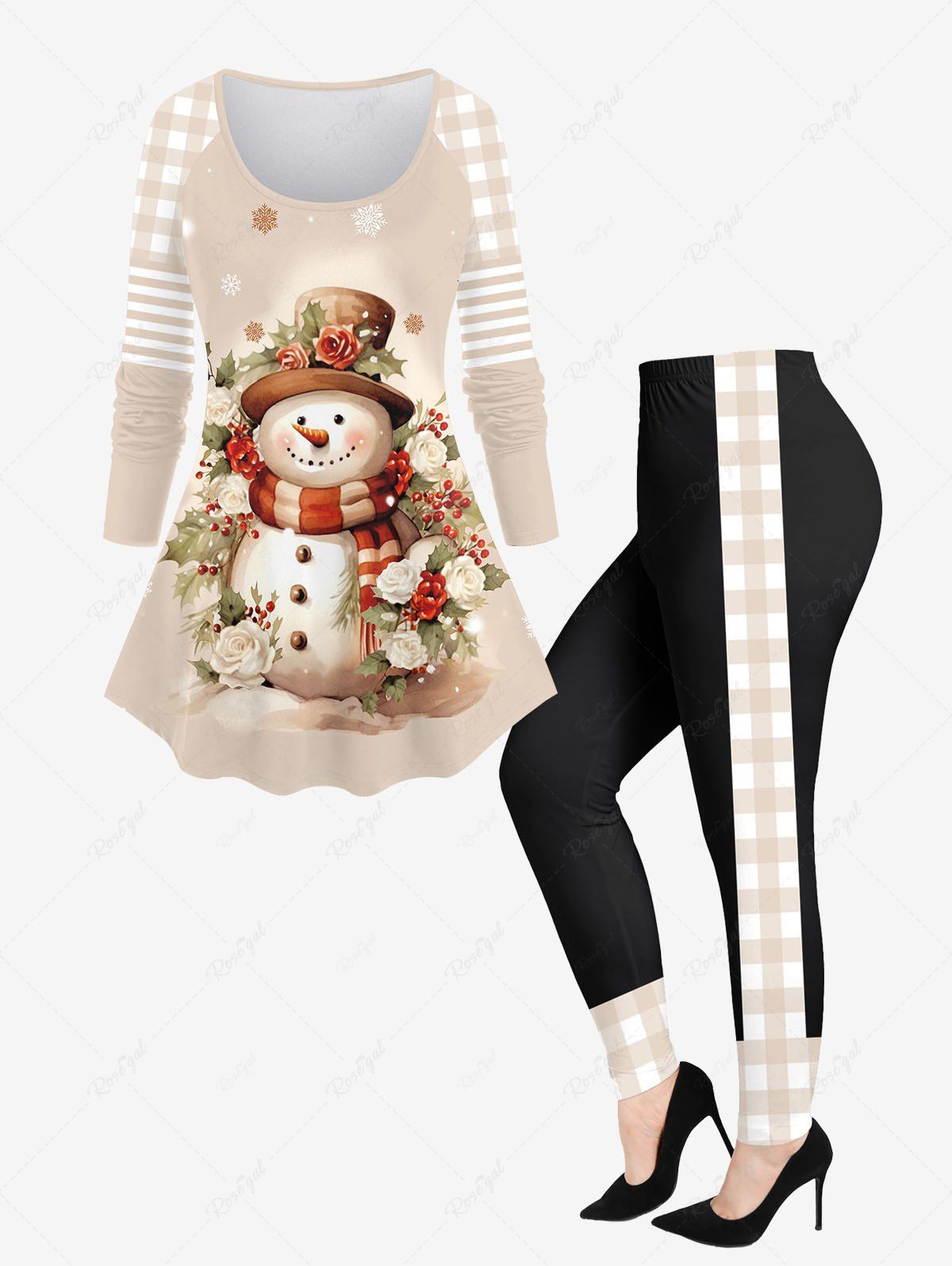 Cheap Christmas Snowman Snowflake Rose Flowers Striped Checkered Plaid Colorblock Printed T-shirt and Leggings Plus Size Matching Set  