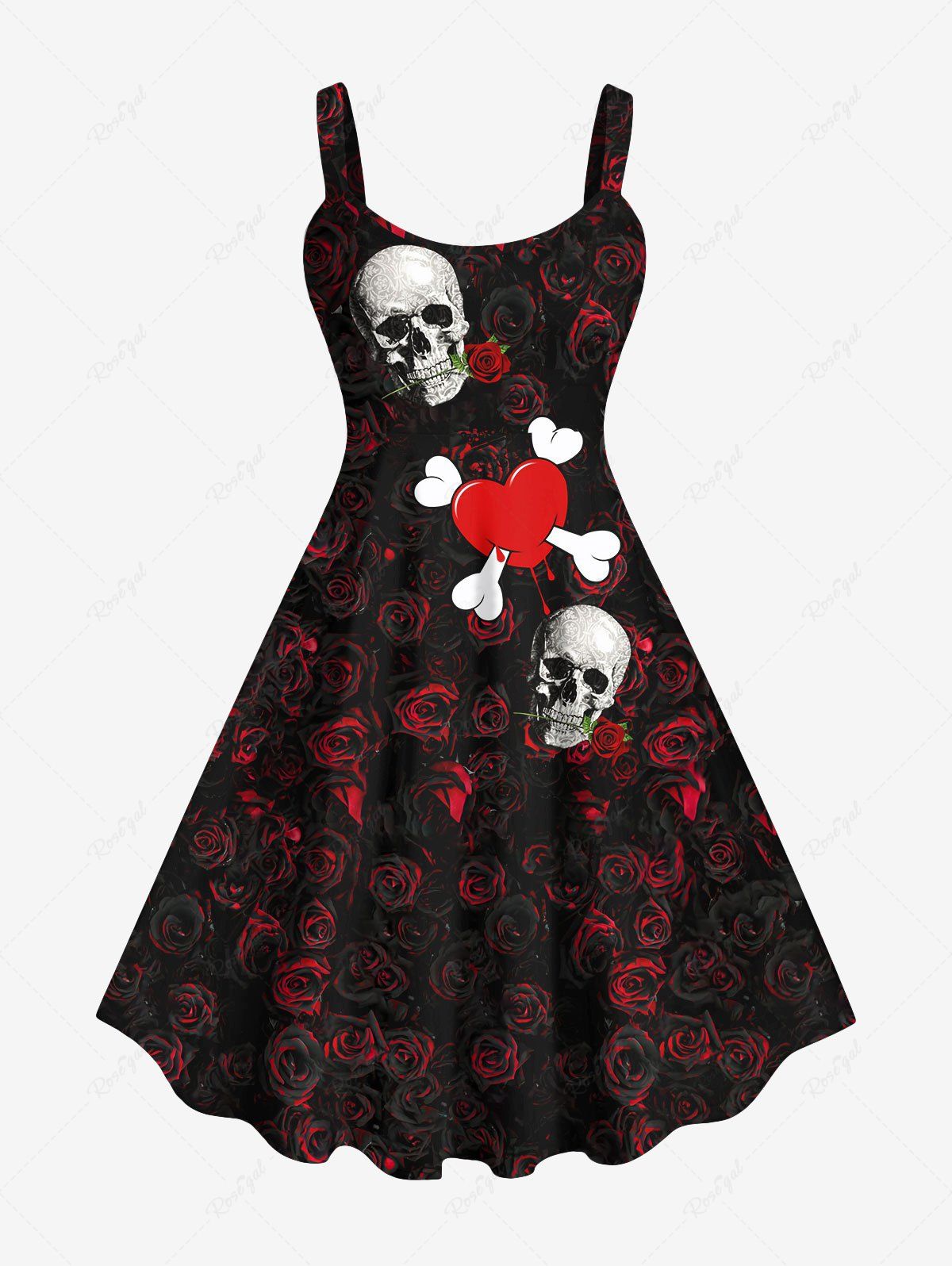 Outfit Plus Size Skulls Rose Flowers Heart Skeleton Print Tank Dress  