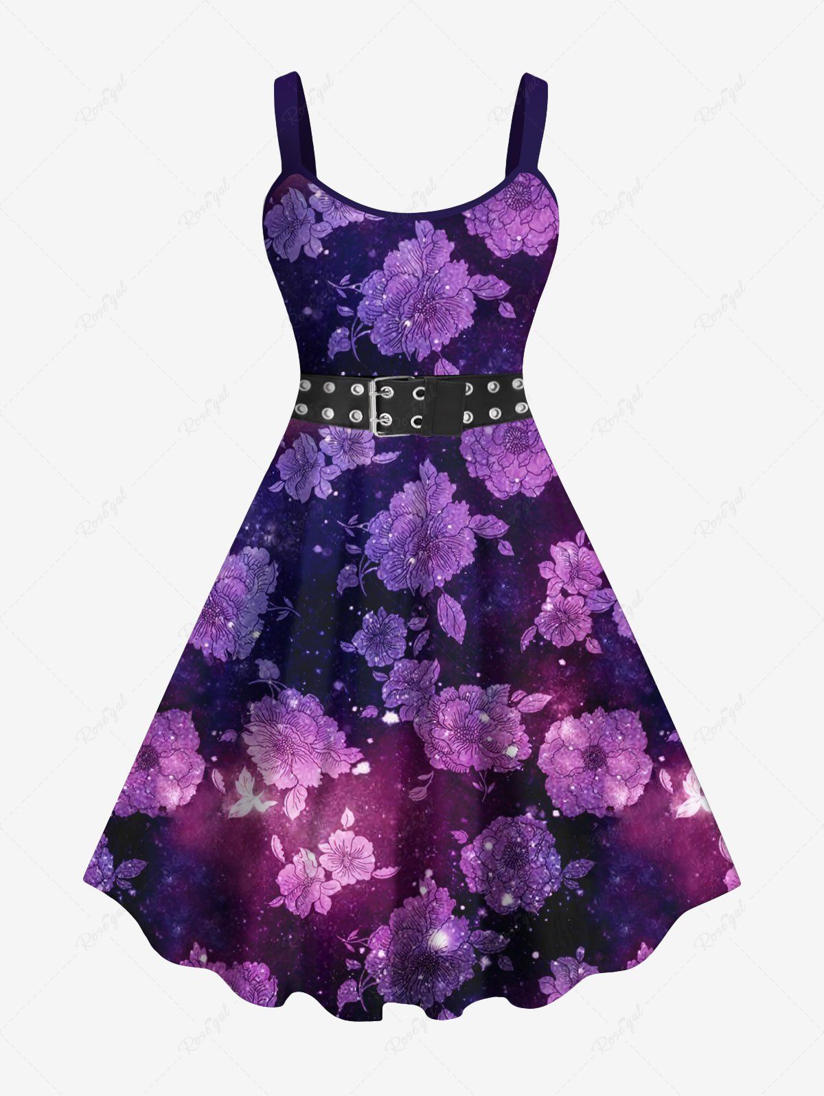 Discount Plus Size Flowers Leaf Galaxy Glitter Sparkling Sequin Grommets Buckle Belt 3D Print Tank Party Dress  