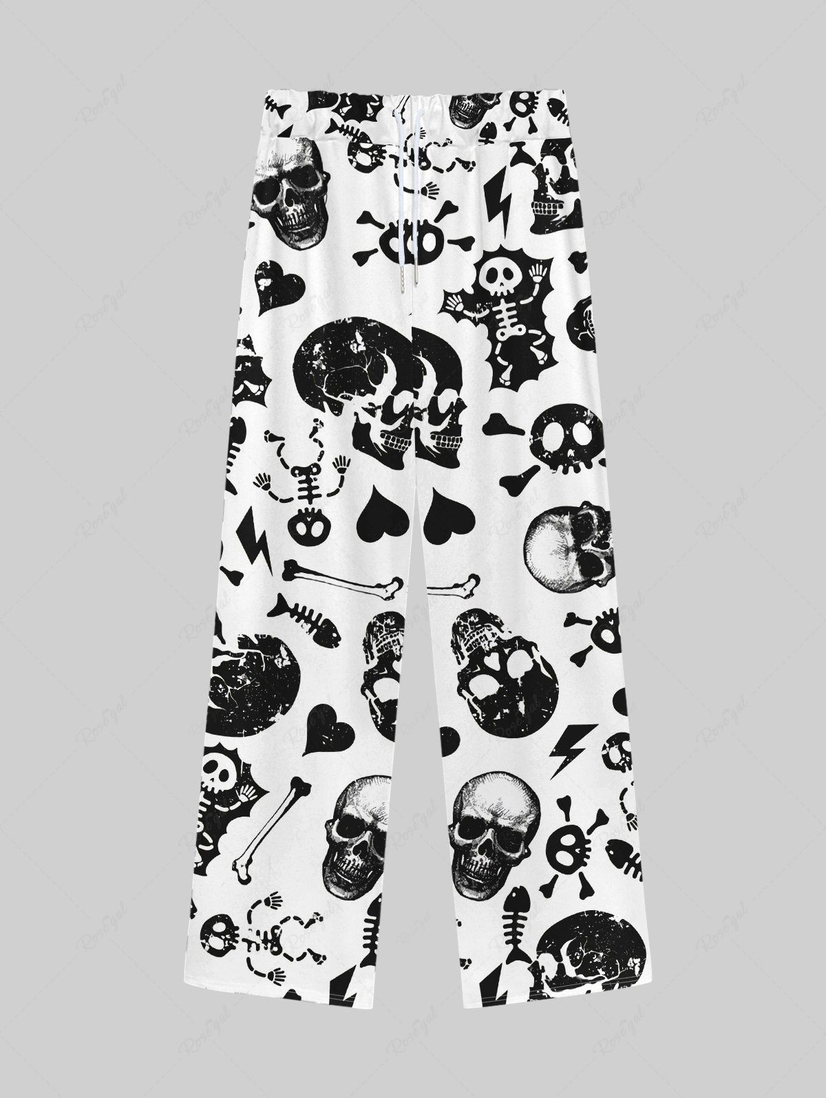 Pantalon de Survêtement Gothique Imprimé Squelette de Poisson à Jambes Larges à Cordon pour Homme Blanc 2XL