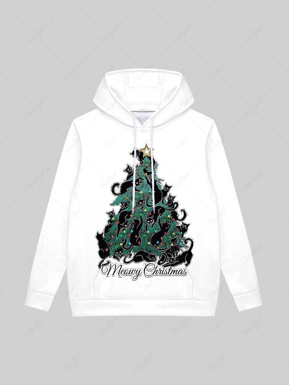 Fashion Gothic Christmas Tree Cats Star Light Print Pockets Fleece Lining Drawstring Hoodie For Men  