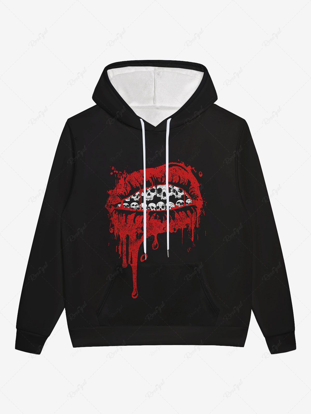 Outfit Gothic Skulls Teeth Blood Mouth Print Pockets Drawstring Hoodie For Men  