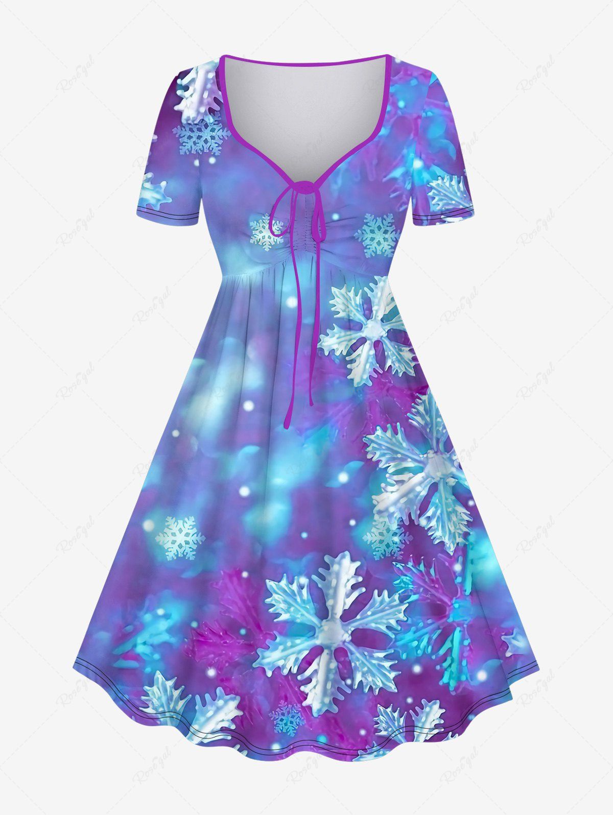 Chic Plus Size Snowflake Tie Dye Ombre Print Cinched Christmas A Line Dress  