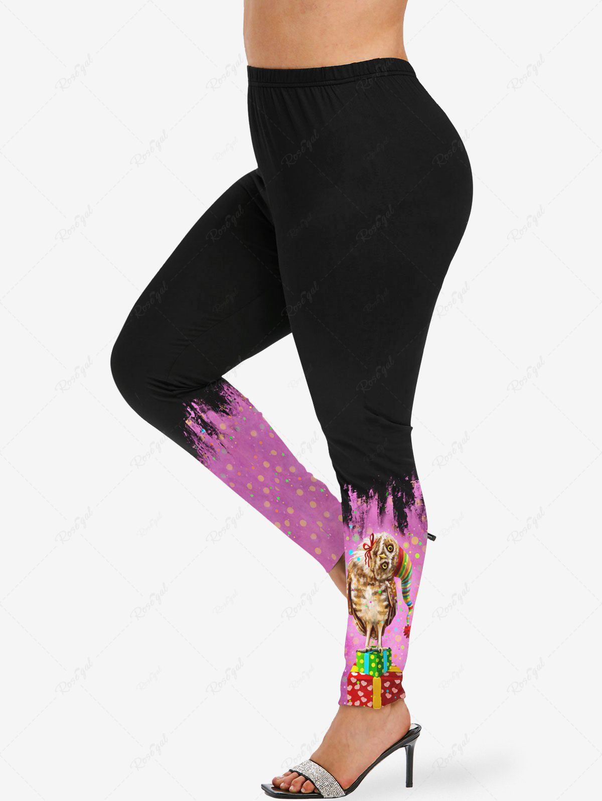 Sale Plus Size Colorful Striped Christmas Hat Owl Gift Box Polka Dot Print Ombre Skinny Leggings  