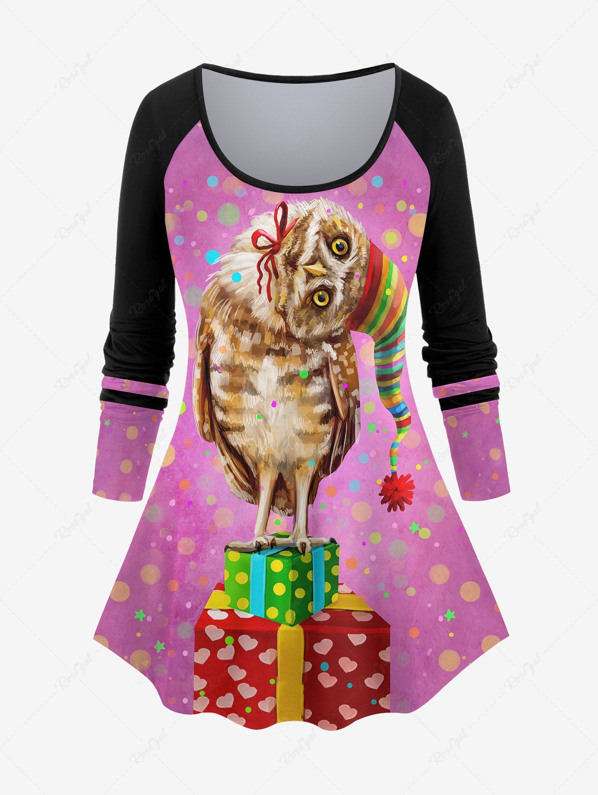 Hot Plus Size Colorful Striped Christmas Hat Owl Gift Box Polka Dot Print Raglan Sleeves Ombre T-shirt  
