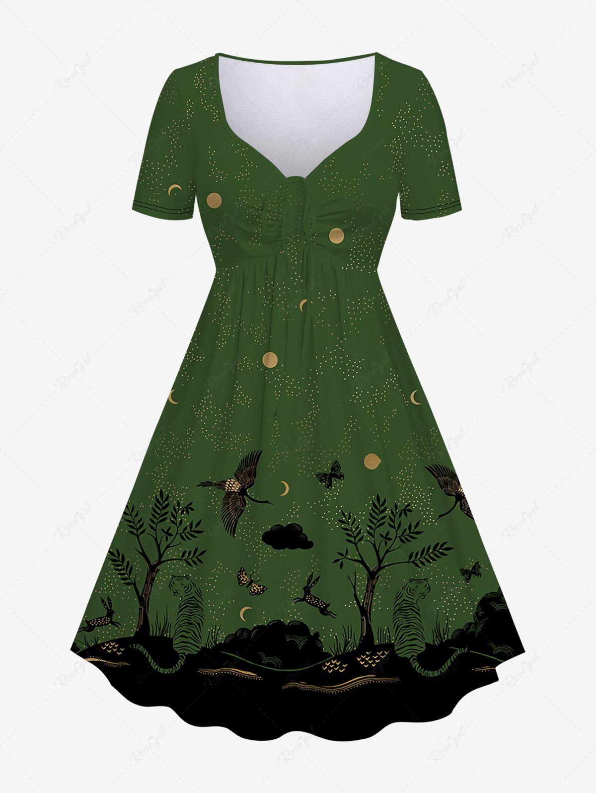 Affordable Plus Size Moon Star Cloud Tiger Butterfly Crane Rabbit Tree River Print Cinched A Line Dress  