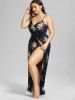 Plus Size Rose Flower Leaf Print Beach Cover Up Wrap Dress -  