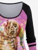 Plus Size Colorful Striped Christmas Hat Owl Gift Box Polka Dot Print Raglan Sleeves Ombre T-shirt -  