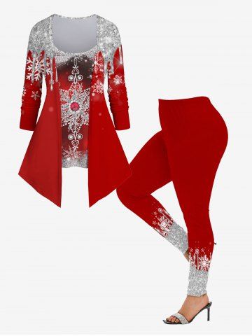 Christmas Snowflake Star Paint Drop Blobs Glitter Sparkling Sequin 3D Printed 2 In 1 T-shirt and Leggings Plus Size Matching Set