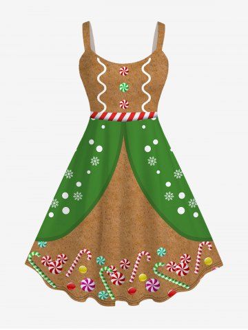 Plus Size Christmas Gingerbread Candy Buttons Balls Snowflake Print Tank Dress - COFFEE - XS