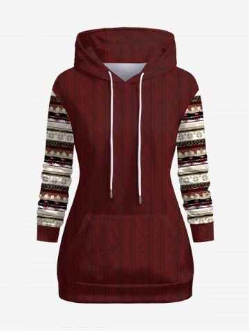Plus Size Ethnic Graphic Cable Knit 3D Print Pockets Drawstring Hoodie - DEEP RED - XL