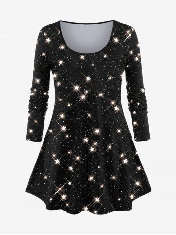 Plus Size Glitter Sparkling Stars Galaxy Print Long Sleeves T-shirt