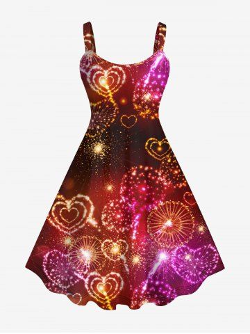 Plus Size Glitter Sparkling Heart Fireworks Print Valentines Ombre A Line Tank Party Dress - DEEP RED - L