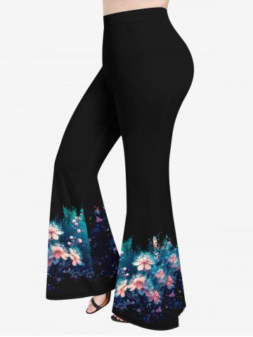 Plus Size Flowers Dewdrop Colorblock Print Flare Pants - BLACK - 6X