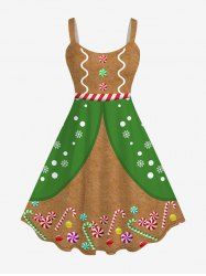 Plus Size Christmas Gingerbread Candy Buttons Balls Snowflake Print Tank Dress -  