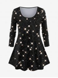 Plus Size Glitter Sparkling Stars Galaxy Print Long Sleeves T-shirt -  