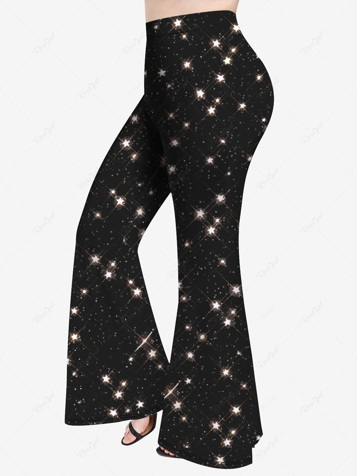 Hot Plus Size Glitter Sparkling Stars Galaxy Print Pull On Flare Pants  