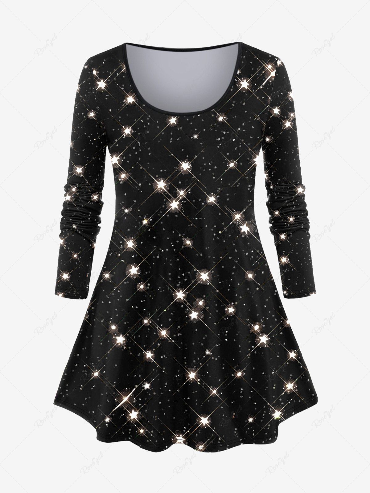 Best Plus Size Glitter Sparkling Stars Galaxy Print Long Sleeves T-shirt  