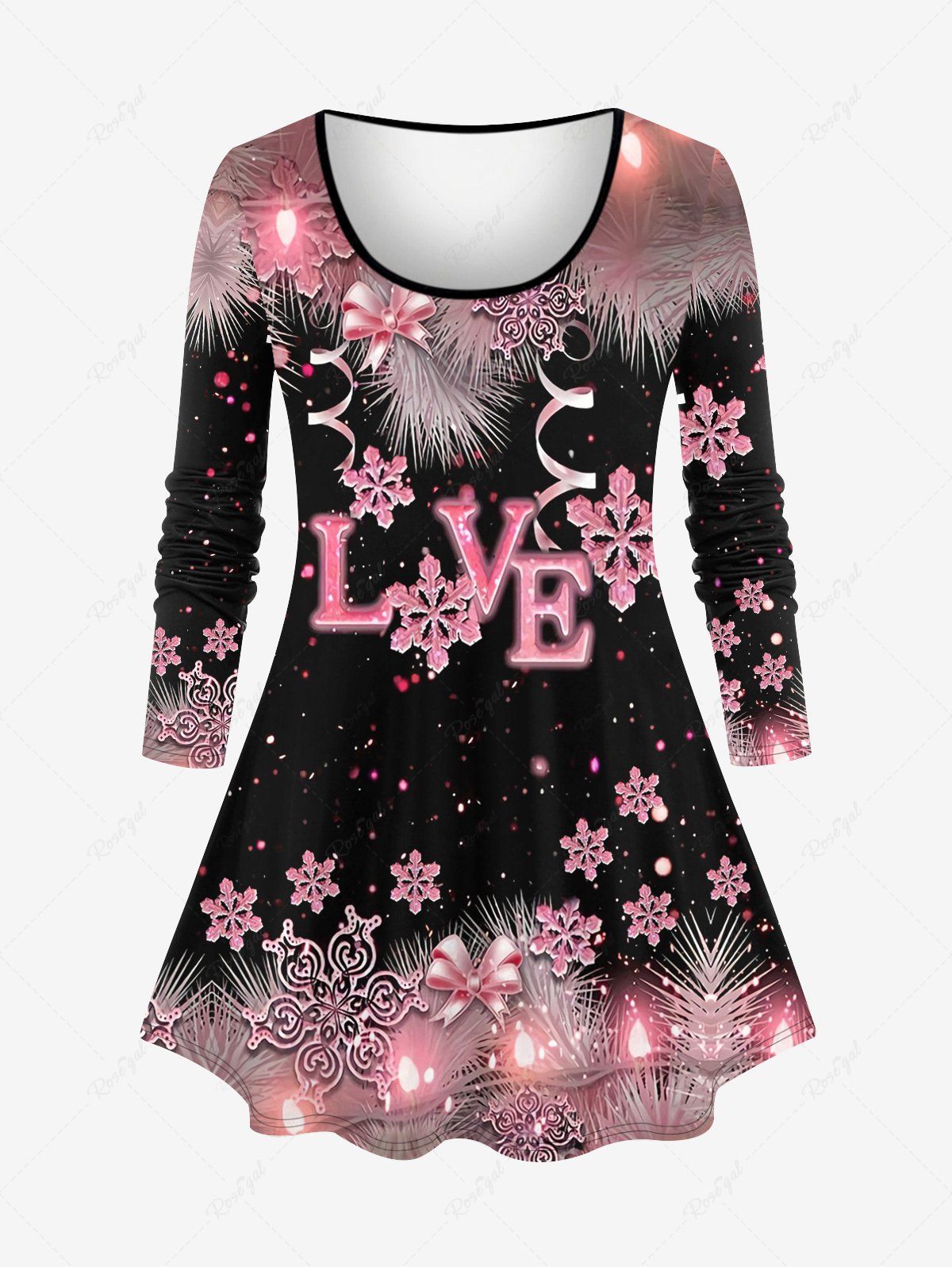 T-shirt de Noël Brillant 3D Graphique Flocon de Neige et Nœud Papillon Imprimés de Grande Taille à Paillettes Rose clair L
