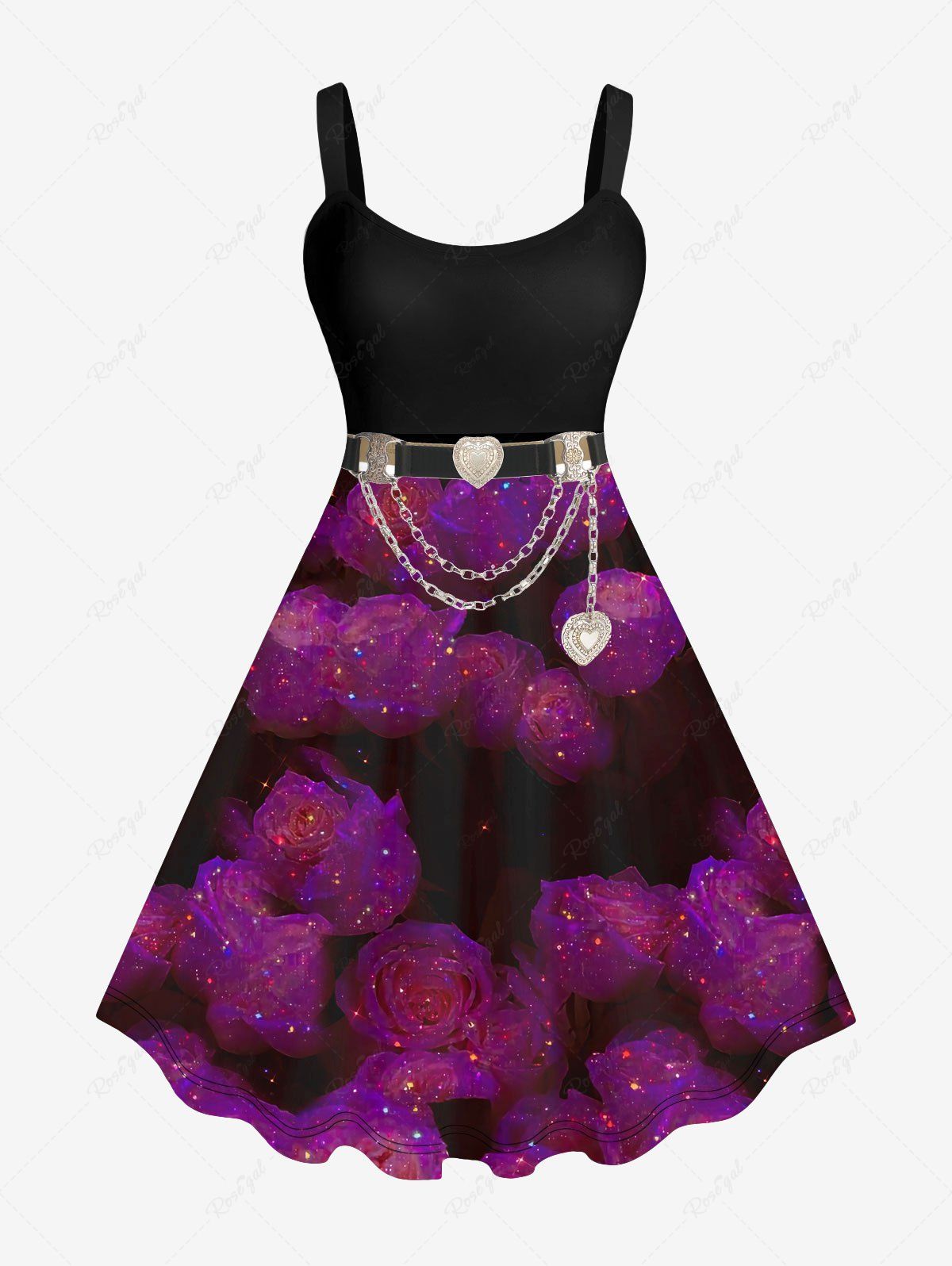 Unique Plus Size Rose Flower Glitter Sparkling Sequin Heart Chains Belt 3D Print Tank Party Dress  