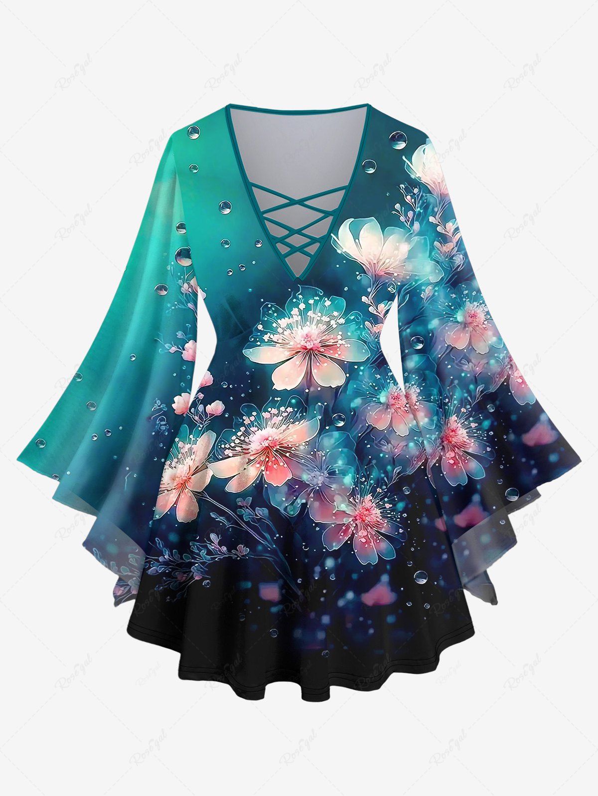 Outfit Plus Size Flowers Dewdrop Waterdrop Christmas Print Lattice Crisscross Flare Sleeve Top  