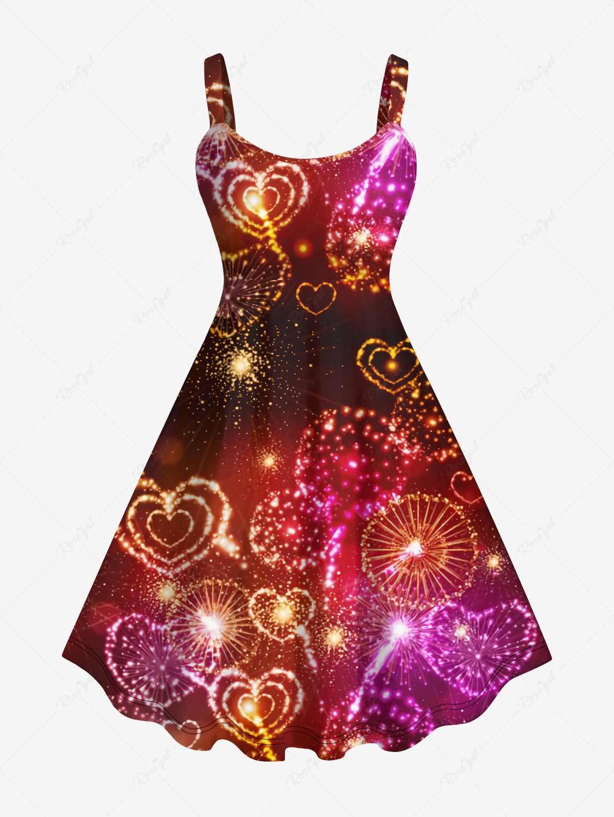 Unique Plus Size Glitter Sparkling Heart Fireworks Print Valentines Ombre A Line Tank Party Dress  