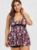 Ensemble de Tankini Superposé Rose Fleur et Crâne Imprimées de Grande Taille - Rouge L | US 12