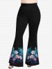 Plus Size Flowers Dewdrop Colorblock Print Flare Pants -  