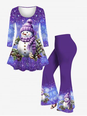 Christmas Snowman Snowflake Galaxy Star Glitter Sparkling Sequin 3D Printed T-shirt and Flare Pants Plus Size Matching Set - PURPLE