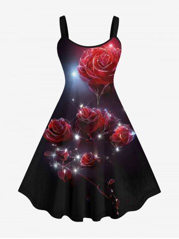 Plus Size Valentine's Day Rose Flower Star Sparkling Sequin Glitter 3D Print Tank Party Dress - BLACK - S