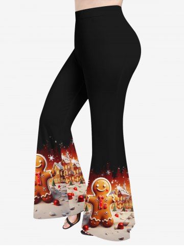 Plus Size Christmas Tree Ball Gingerbread Snowflake Colorblock Print Flare Pants - BLACK - XS