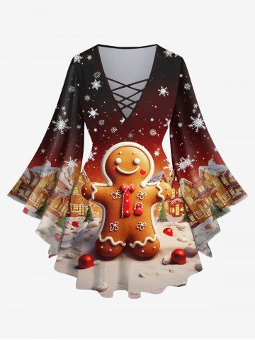 Plus Size Christmas Tree Ball Snowflake Gingerbread House Colorblock Print Lattice Crisscross Flare Sleeve Top