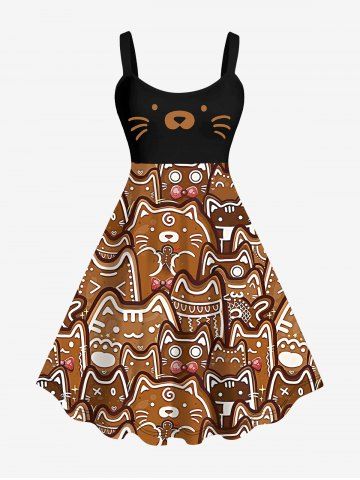 Plus Size Gingerbread Cat Bowknot Print Christmas A Line Tank Dress - COFFEE - S