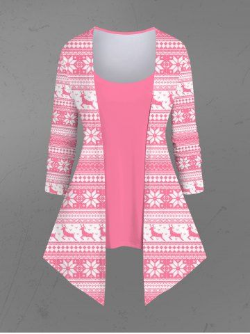 Gothic Christmas Elk Snowflake Strip Printed Patchwork Asymmetric Long Sleeves Top - LIGHT PINK - S