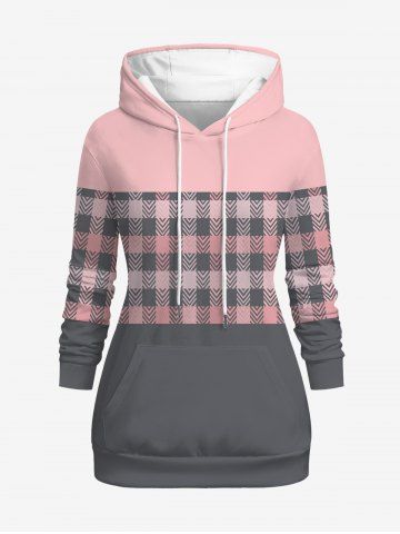 Plus Size Colorblock Plaid Checkered Print Pockets Drawstring Hoodie - GRAY - XL