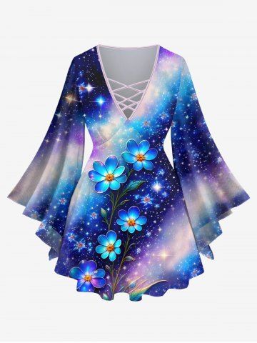 Plus Size Flowers Colorblock Galaxy Stars Sparkling Sequin Glitter 3D Print Lattice Crisscross Flare Sleeve Top - DEEP BLUE - XS
