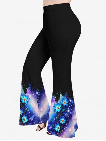 Plus Size Flowers Galaxy Stars Glitter Sparkling Sequin 3D Print Flare Disco Pants - DEEP BLUE - 1X